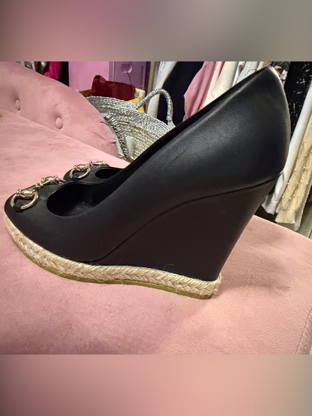 Gucci Black Leather Wedge Espadrilles with Gold Horsebit - Picture 2 of 6
